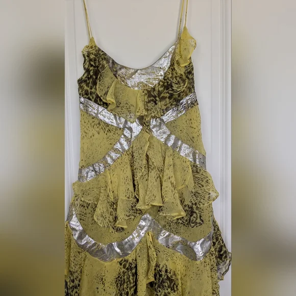 Sass & Bide Yellow Silk Abstract Leopard Print Tiered Ruffle Slip Dress - Picture 3 of 6
